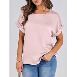 ANRABESS Women's Summer Dressy Casual Short Sleeve Shirts Crewneck Silk Satin Business Office Work Blouse Tops Pink X-Large