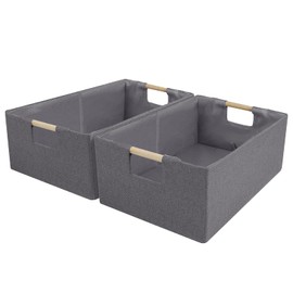 ANMINY 4PCS Storage Baskets for Organizing Collapsible Fabric Storage Bins Boxes with Wood Handles Closet Shelves Cube Organizer Bins Clothes Laundry Storage Container - Large, Gray