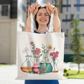 URLLUAE Floral Tote Bag, Science Teacher Appreciation Gifts Canvas Tote Bag for Women, Chemistry Teacher Gifts, Floral Beakers Reusable Grocery Bags Shopping Bags