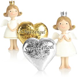 com-four® 2 x Decorative Angel Guardian Angel with Heart - Stand Decorative Figure - Angel Figure in Silver and Gold - Lucky Angel with "Guardian Angel" - Decorative Lucky Charm (Gold-Silver)