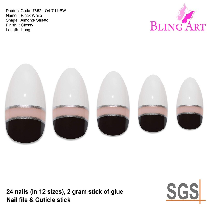 False Nails by Bling Art Black White Glossy Almond Stiletto