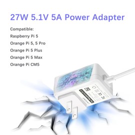 27W Power Supply Adapter for Raspberry Pi 5, Type C Power Supply Cord for Orange Pi 5, 5 Pro, Orange Pi 5 Plus, Orange Pi 5 Max, Orange Pi CM5, 5.1V 5A Charger, USB C Power Supply Cable 3.3FT (White)