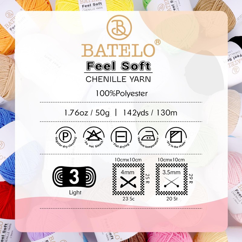 BATELO Thin Chenille Yarn for Crocheting & Knitting, Soft Plush