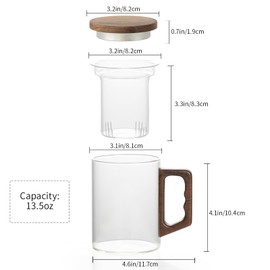 HFceram Glass Tea Cup with Infuser and Lid, 13.5 oz/400 ml, Borosilicate Glass Tea Mugs for Loose Leaf Tea, Wooden Handle Teacup, Ideal Gift