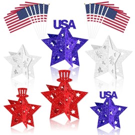 DWEARTY 6 4th of July Table Decorations and 12 Small American Flag - Fourth of July Centerpieces for Table - Memorial Day Red White Blue Home Decoration - Indoor Patriotic Independence Day Star Decor