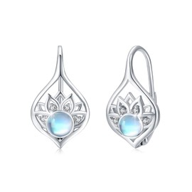 Moonstone Lotus Earrings 925 Sterling Silver Lotus Earrings Women's Lotus Flower Earrings Lotus Hoop Earrings Moonstone Lotus Jewellery Gifts for Women Ladies, Sterling Silver