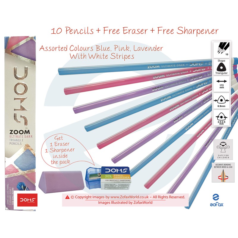 Doms Triangular Wood Graphite 10 Pencils With Eraser Sharpener For