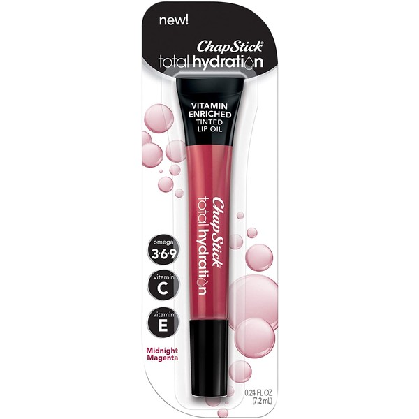 ChapStick Total Hydration (Midnight Magenta Tint, 0.24 Ounce) Vitamin Enriched Tinted Lip Oil, Vitamin C, Vitamin E, Contains Omega 3 6 9, (1 Tray, 6 Blister Cards)
