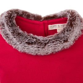 Hope & Henry Girls' Short Sleeve Ponte Skater Dress with Faux Fur Collar Red