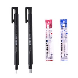 Tombow Mono Zero Eraser Holder Set Includes Round Tip Eraser Holder,Sqaure Tip Eraser Holder & Round Refill & Sqaure Refill (1 refill has 2 erasers.Total 4 erasers) [Choose Color] (Black)