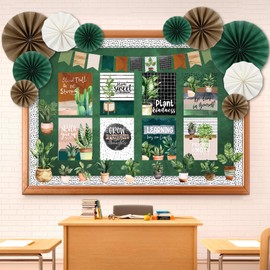 Pajean 62 Pcs Boho Plant Classroom Bulletin Board Decorations with 3D Paper Fans Inspirational Posters Cutouts Greenery Positive Motivational Bulletin Board Set for School Classroom Home Decorations