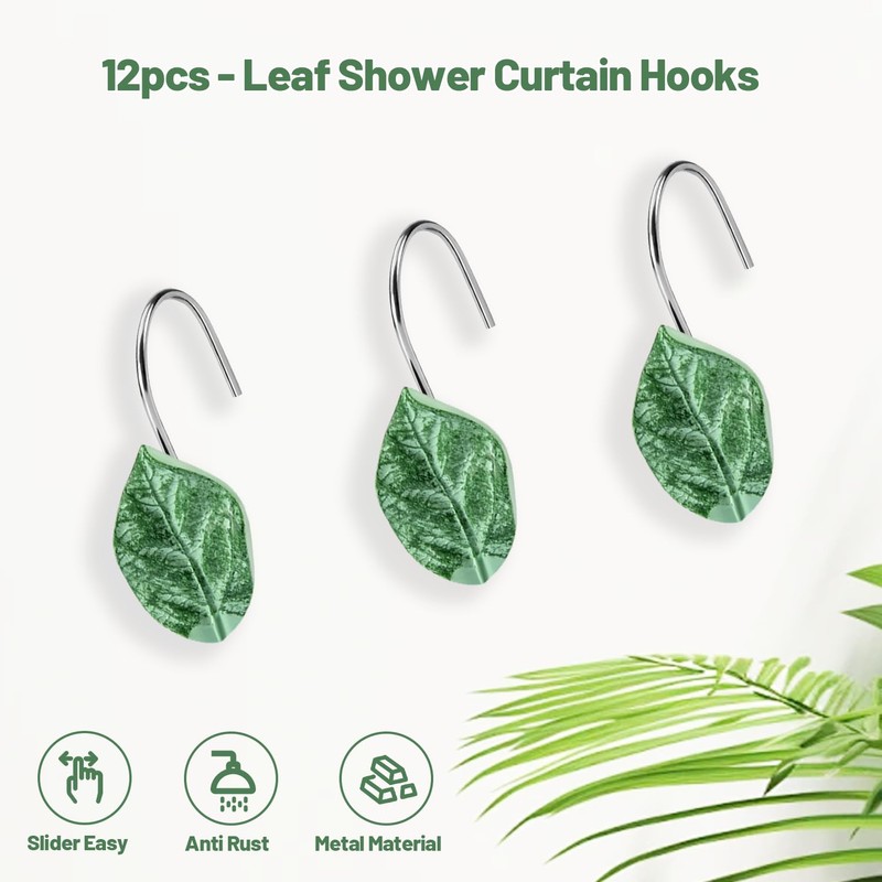 12PCS Leaves Shower Curtain Hooks, Green Plant Leaves Decorative Shower