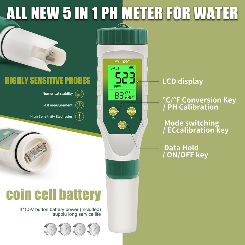 Homcoice PH Meter 5 in 1, PH EC TDS Salinity