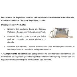 Silver Shoulder Bag with Gold Chain, Crocodile Look, Safety Clasp, 22 cm, metallic silver, 22 centímetros de largo