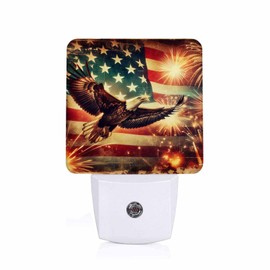 Jahiona LED Night Light Lamp with Smart Sensor Dusk to Dawn Sensor,Spread Wide Wings Flightbald Eagle Backdrop of American Flag Patriotism Night Light Daylight White,0.5W Plug-into Wall for Adults
