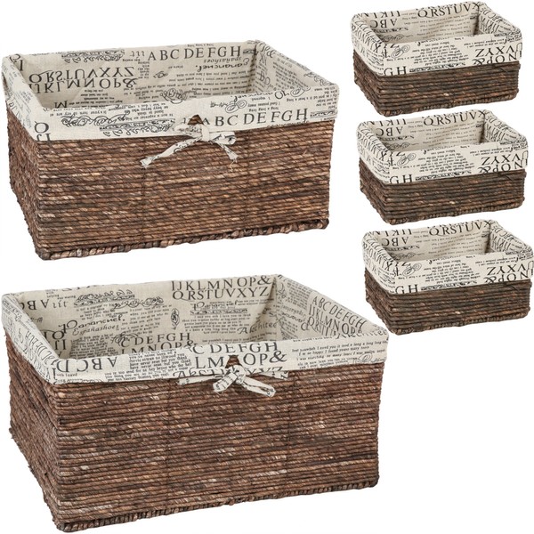 Juvale Set of 5 Brown Wicker Baskets with Cloth Lining for Storage, Lined Bins for Organizing Closet Shelves, Text Pattern (3 Sizes)