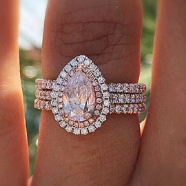 925 Sterling Silver Shiny Full Diamond Pink Gemstone Ring Water Droplets Shape Cubic Zirconia Rings CZ Diamond Ring Eternity Engagement Wedding Band Ring for Women (US Code 10)