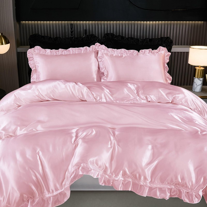 Guchuang Bedding Pink Silk Bedding Set with Ruffle Duvet Cover