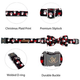 Elegant little tail Christmas Dog Collar, Plaid Print Pet Collar Dogs Holiday Collars with Bow Red Cute Winter Boy Girl Puppy Bow Adjustable Pet Collars for X-Large Dogs