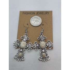 Unbranded Scrolled Southwestern Rhinestone Howlite Cabachon Cross Silver Tone Earrings