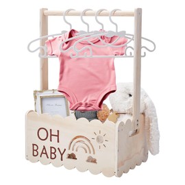 UNICRAFTALE Wooden Baby Shower Crate Closet Baby Storage Crate Hamper Shower Party Basket with Handle with 8pcs Kids' Hanger Welcome Baby Gifts Pregnancy Gifts for New Parents