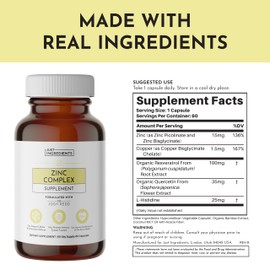 Zinc Complex – Highly Absorbable Supplement with Picolinate & Bisglycinate, Plus Quercetin, Resveratrol, L-Histidine & Copper – Supports Immune Function, Skin, Energy & Cellular Health