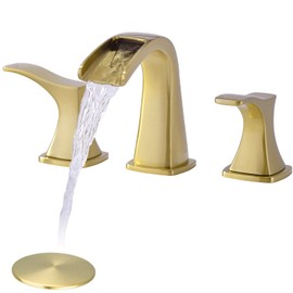 8 Inch Brushed Gold Bathroom Faucet 2 Handle 3 Hole Widespread Waterfall Vanity Sink Faucet Deck-Mounted, Overflow Pop Up Drain Included, Heavy Duty Brass