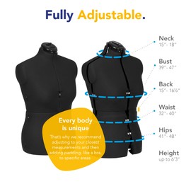 Adjustoform Sew Simple FG307 Adjustable Dress Form Black M-L (US Dress Size 10-16) 8 Part Female Sewing Mannequin + Pin Grip Hem Marker