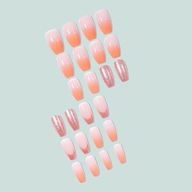 24 Pcs Orange Gradient Press on Nails Square Medium Offin Fake Nails Pink False Nails with Glitter Design Glossy French Nail Tips Full Cover Acrylic Glue on Nails for Women Manicure