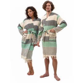 Luxury 100% Turkish Cotton Bathrobe for Men & Women, Soft Waffle Robe, Absorbent & Lightweight, Perfect Size(Large, Green-Black)