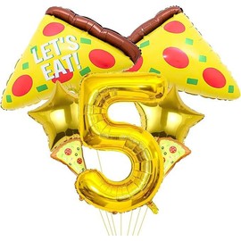 WODJR 7Pcs Pizza Balloons Pizza Party Decorations Large 5 Number Foil Balloons Pizza Birthday Balloons Star Balloons for Pizza Birthday Party Decorations Pizza Party Supplies Pizza Time Decorations