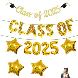 6PCS Graduation Decorations 2025, Class of 2025 Balloons and Banner, Leavers 2025 Decorations, Graduation Party Supplies, with Gold Stars