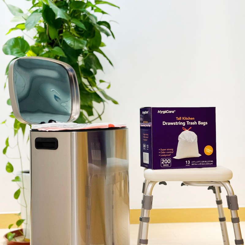 HygiCare Tall Kitchen Drawstring Trash Bags - 13 Gallons, 200