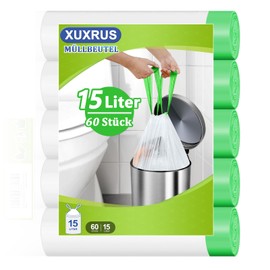 XUXRUS Bin Liners 15 L Bin Bags with Drawstring White Bin Bags Pack of 60 Carry Handle Bin Bags