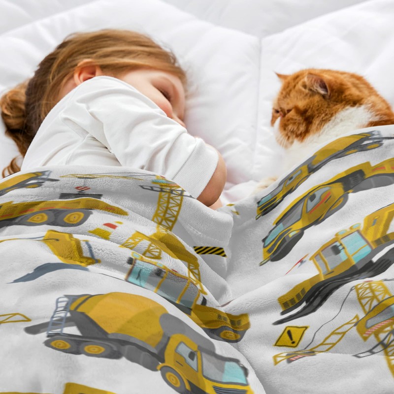 Construction Truck Throw Blanket Boys Toddler Kids Excavator Design Fuzzy
