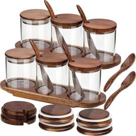 Tessco 2 Set Condiment Canisters Glass Seasoning Jars with Lids and Spoons Sugar Bowl Wooden Spice Box Glass Containers with Lids Airtight Lids and Base for Kitchen Storage (Acacia Wood)