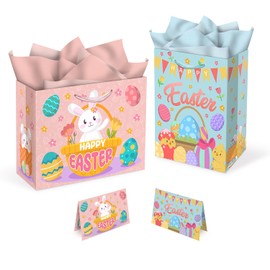 2 PACK Easter Gift Bags, 13 x 10.2 x 4.9 in, with Cards and Tissue Paper, Spring Holiday Paper Bags for Xmas Party Favor, Gift Wrapping
