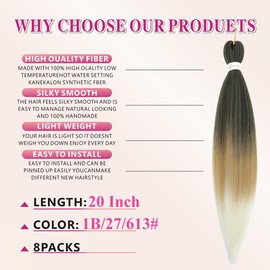 Braiding Hair Pre Stretched 20 Inch 8 Packs Pre Stretched Braiding Hair For Braiding For Box Braids Hot Water Setting Soft Yaki Texture Easy To Twist(20Inch,1B/27/613)