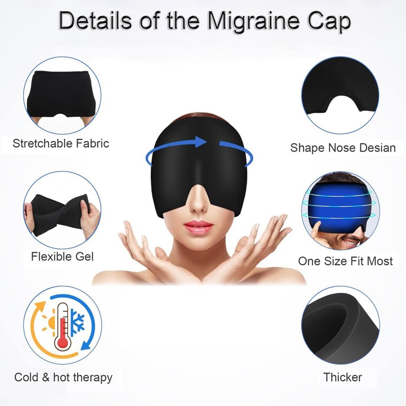 Migraine Relief Cap, Single-Sided 360° Gel Surround Ice Pack Mask