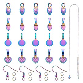 KISSITTY 32pcs Glue On Pendant Bails for Jewelry Making Rainbow Spoon Glue-on Flat Pad Bails with Jump Rings, Earring Hook, Cable Chain Necklaces for Earrings Necklaces Crafting Making