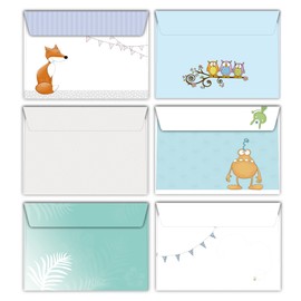 Envelope - Set with Motif - 30 Envelopes (6 Different Designs of 5 Pieces) for Children / Rabbit Forest Animals Owls Flamingo Post Monster