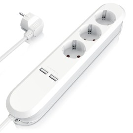 Bearware - 3-Way Power Strip with 2 x USB Charging Ports - Multiple Socket with 2 USB Ports 3680W - Power Strip with Touch Protection White