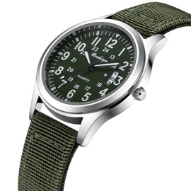 BOSHIYA Analog Military Watches for Men Sports Waterproof Mens Watches for Army Tactical Field, Luminous 12/24Hr Display with Green Nylon Strap