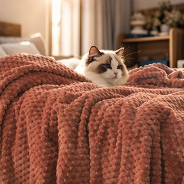 PHF Ultra Soft Flannel Fleece Blanket Queen Size, Lightweight 3D Jacquard Fleece Blanket, No Shedding, No Pilling, Luxury 340GSM Aesthetic Fluffy Cozy for Bed Room Decor, 90"x90", Burnt Umber