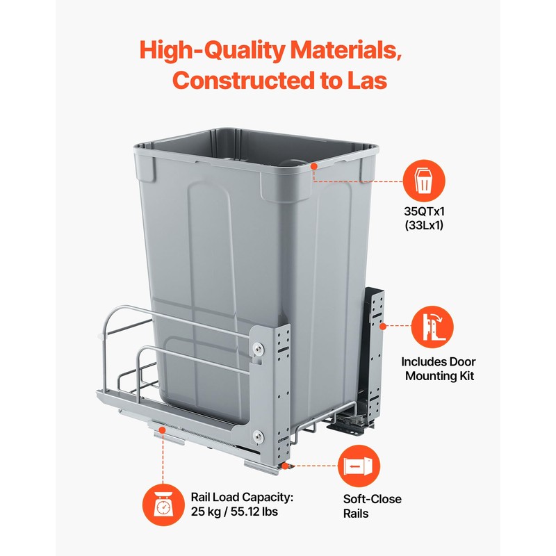 VEVOR Pull-Out Trash Can, 35 QT x2 Double Under Mount