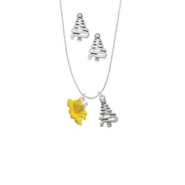 Delight Jewelry Silvertone Yellow Hibiscus Flower Silvertone Zig Zag Christmas Tree Charm Necklace and Stud Earrings