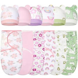 ramede 6 Pack Baby Swaddle Blanket with Hats Set for 0-3 Months Preemie Newborn Sacks Soft Cotton Wearable for Baby Boy and Girl (Pink and Green,Flower)