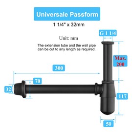Keymark Universal Brass Sink Siphon with 200mm Submersible Pipe 1 1/4 x 32mm Adjustable Odor Resistant Leak Proof Black