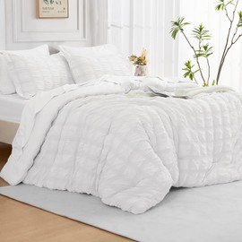 JOLLYVOGUE King Comforter Set Seersucker 7 Pieces, White Comforter, Soft Bed in a Bag King Size, All Season Bedding Set with Comforter, Flat Sheet, Fitted Sheet, Pillowcases, Pillow Shams