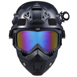 Airsoft & Paintball Tactical Helmet with Full Face Mask, Detachable Goggles, NVG Mount, Side Rail - Military Fast Base Jump PJ Style Adjustable Gear